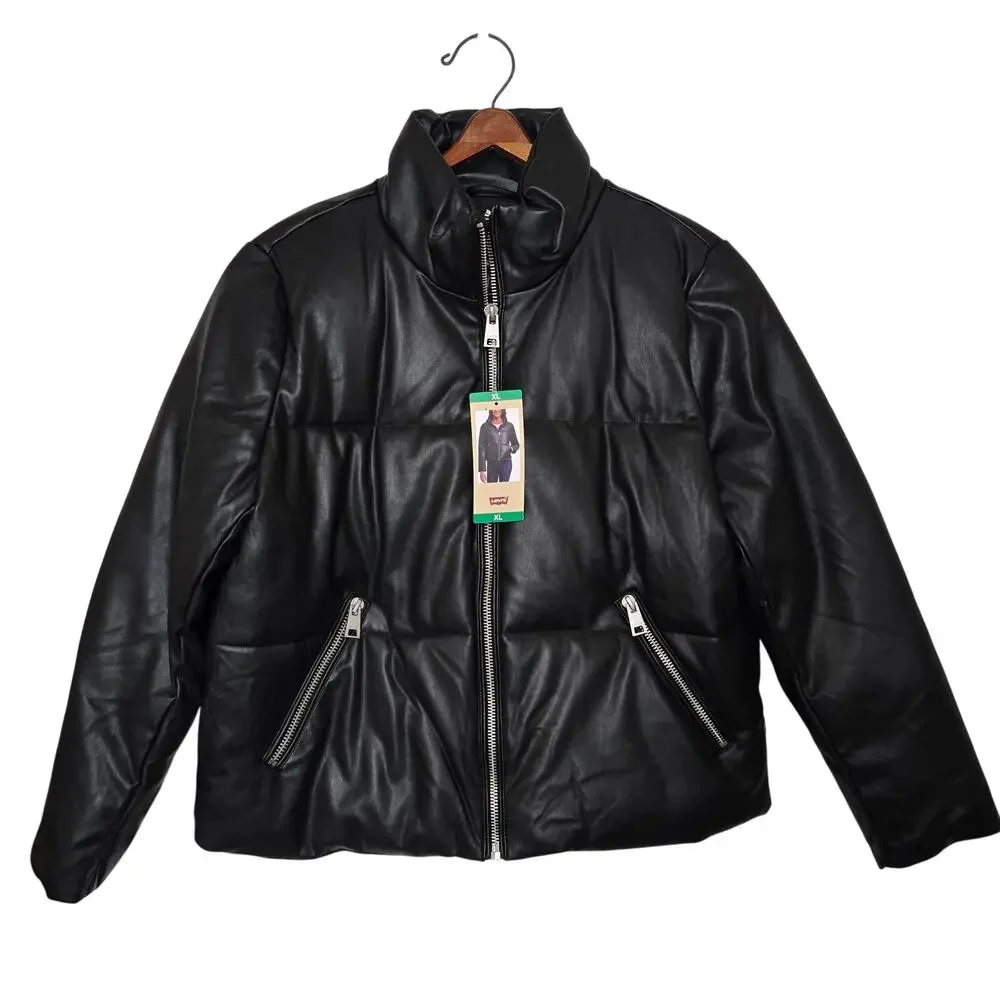 New Levi Strauss Faux Leather Short Puffer Zip up Black Women's Jacket Size XL - Picture 1 of 11